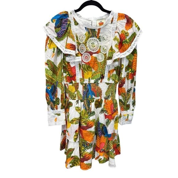Farm Rio Tropical Birds Mini Dress Small Boho Ruffle Sleeve 100% Cotton - Picture 4 of 13